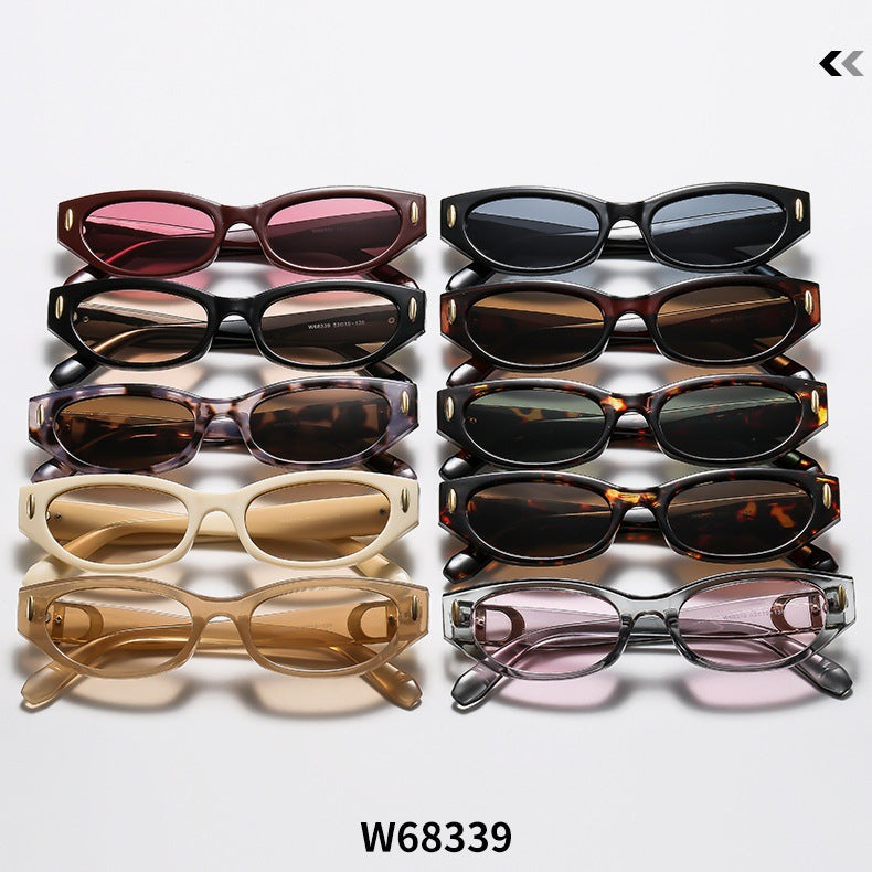 New Cross-Border French Retro Style Narrow-Frame Cat-Eye Sunglasses with Metal Letter Decoration and Rivet Details, Niche Design Sunglasses