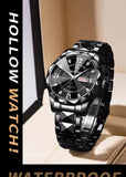 Stainless Steel Men's Watch – Roman Numerals, Rhinestones, Luminous Dial (Black)
