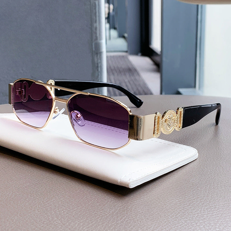 Daparo Cross-Border Style Metal Double-Bridge Sunglasses with European and American Trendy Head-Shaped Decorative Temple Pieces, Small Square Frame Men's Sunglasses