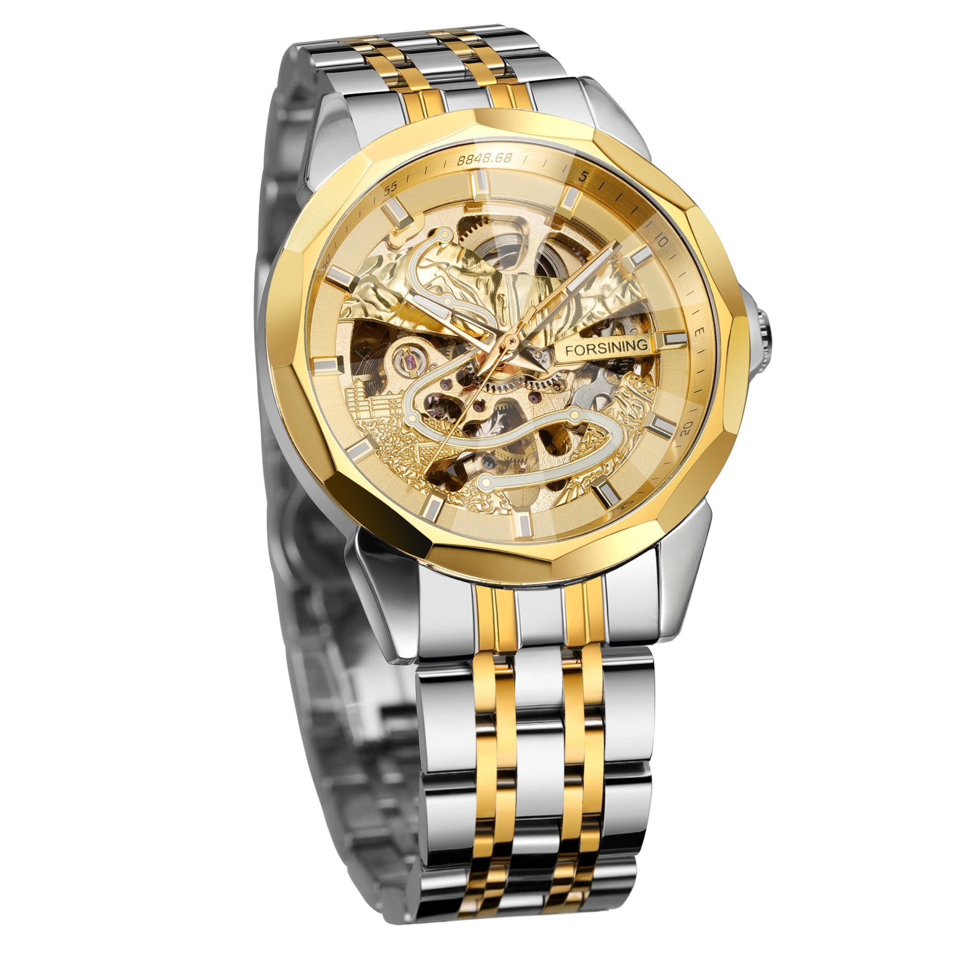 New Forsining European and American Hot-Selling Men's Fashion Rhombus Glass Solid Steel Belt Butterfly Buckle Mechanical Watch