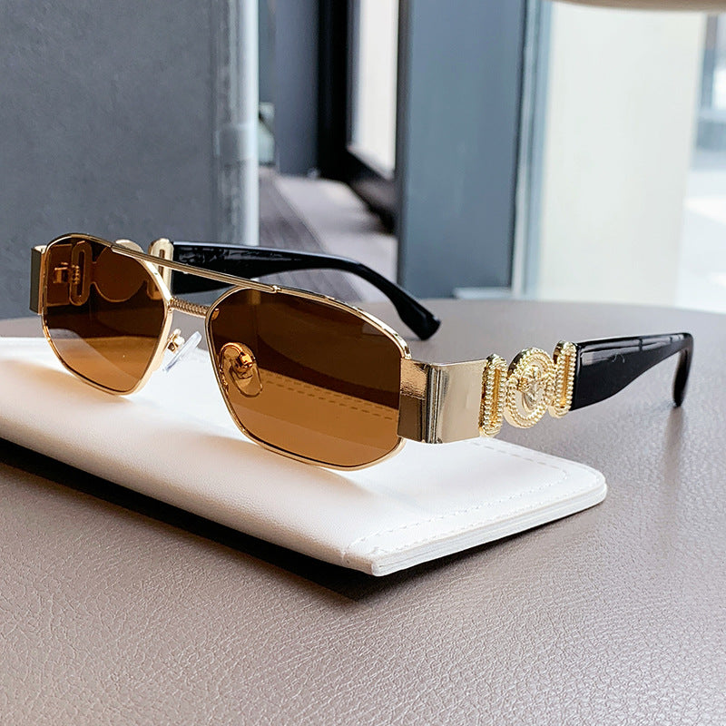 Daparo Cross-Border Style Metal Double-Bridge Sunglasses with European and American Trendy Head-Shaped Decorative Temple Pieces, Small Square Frame Men's Sunglasses