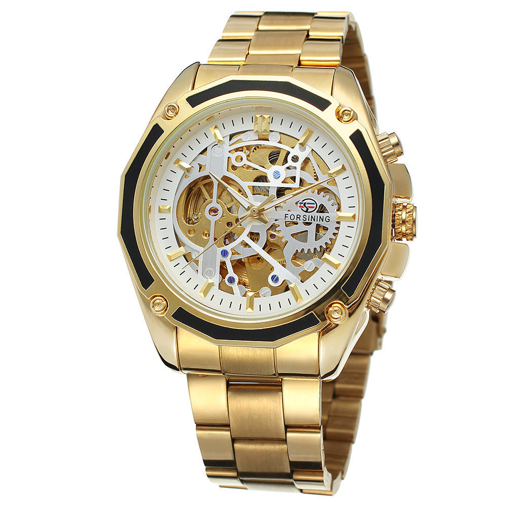 Forsining automatic mechanical watch steel band hollow luminous men's watch fashion mechanical wrist watch wholesale