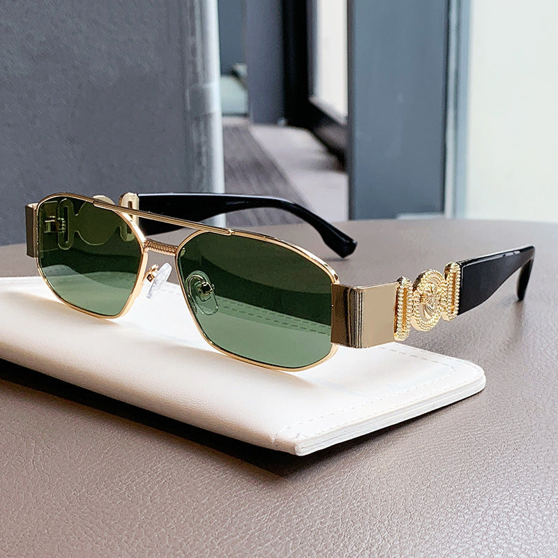 Daparo Cross-Border Style Metal Double-Bridge Sunglasses with European and American Trendy Head-Shaped Decorative Temple Pieces, Small Square Frame Men's Sunglasses