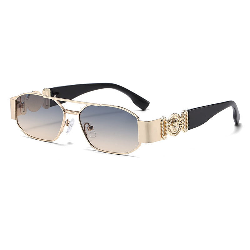 Daparo Cross-Border Style Metal Double-Bridge Sunglasses with European and American Trendy Head-Shaped Decorative Temple Pieces, Small Square Frame Men's Sunglasses