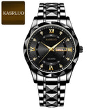 Stainless Steel Men's Watch – Roman Numerals, Rhinestones, Luminous Dial (Black)