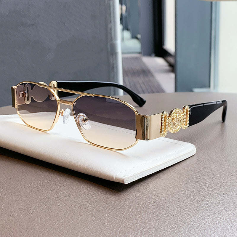 Daparo Cross-Border Style Metal Double-Bridge Sunglasses with European and American Trendy Head-Shaped Decorative Temple Pieces, Small Square Frame Men's Sunglasses