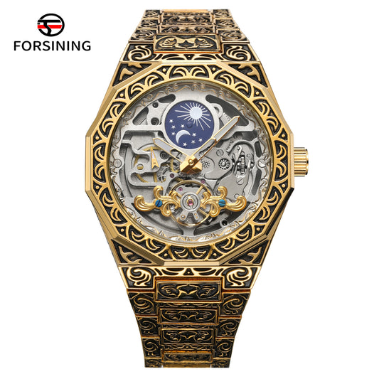 New Forsining Men's Automatic Mechanical Watch, Vintage Hollow Transparent Case, Men's Fashion Engraved Mechanical Watch