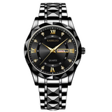 Stainless Steel Men's Watch – Roman Numerals, Rhinestones, Luminous Dial (Black)