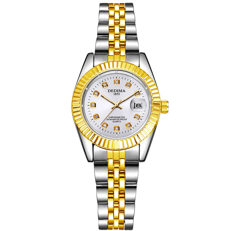 Fashion Couple Steel Band Watch Explosive Waterproof High-end Gold Watch Brand Men's Women's Student Calendar Room Gold Watch