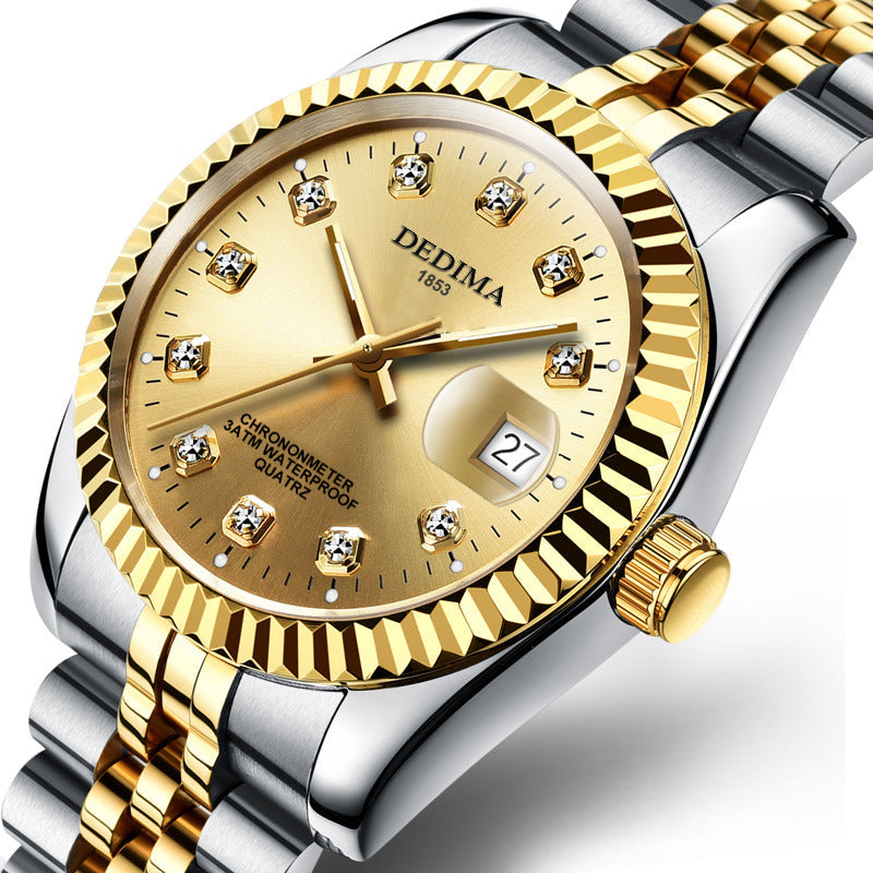 Fashion Couple Steel Band Watch Explosive Waterproof High-end Gold Watch Brand Men's Women's Student Calendar Room Gold Watch