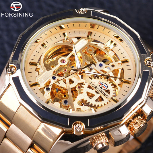Forsining automatic mechanical watch steel band hollow luminous men's watch fashion mechanical wrist watch wholesale