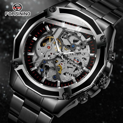 Forsining automatic mechanical watch steel band hollow luminous men's watch fashion mechanical wrist watch wholesale