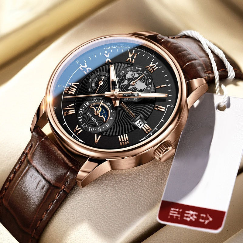 Foreign Trade New Products, Fashionable Hot-Selling Models, Calendar Three-Eye Starry Sky Moon Fashion Men's Watches, Men's Watch Belts Wholesale
