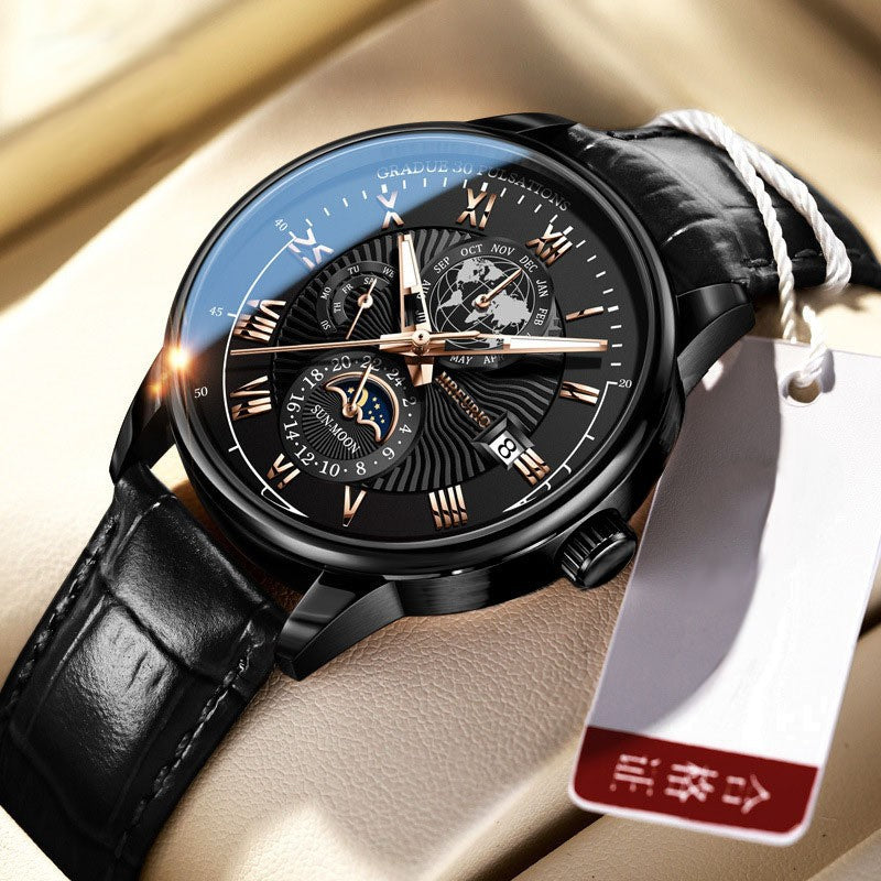 Foreign Trade New Products, Fashionable Hot-Selling Models, Calendar Three-Eye Starry Sky Moon Fashion Men's Watches, Men's Watch Belts Wholesale