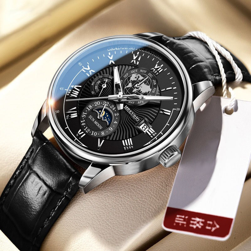 Foreign Trade New Products, Fashionable Hot-Selling Models, Calendar Three-Eye Starry Sky Moon Fashion Men's Watches, Men's Watch Belts Wholesale