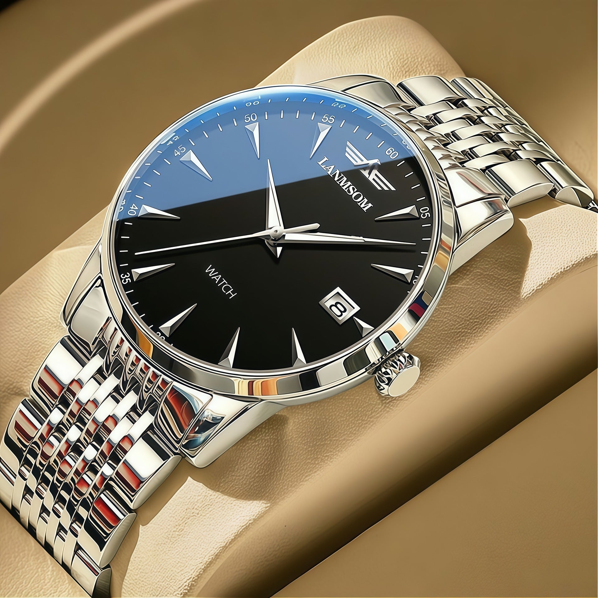 Langsuo Men's Watch Classic Simple Stainless Steel Quartz Men's Watch Waterproof Luminous Calendar Week Business Watch for Men