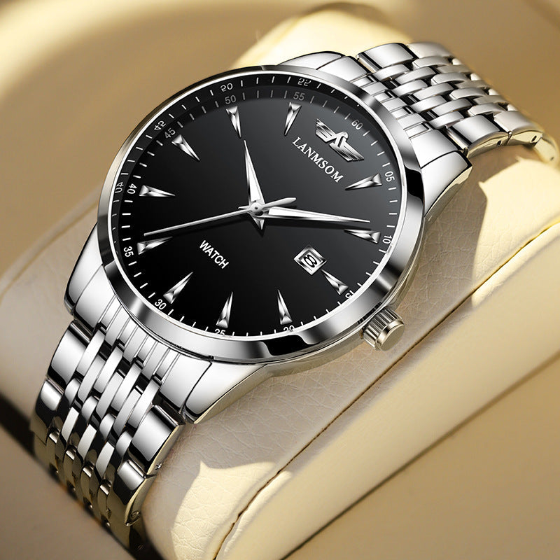 Langsuo Men's Watch Classic Simple Stainless Steel Quartz Men's Watch Waterproof Luminous Calendar Week Business Watch for Men