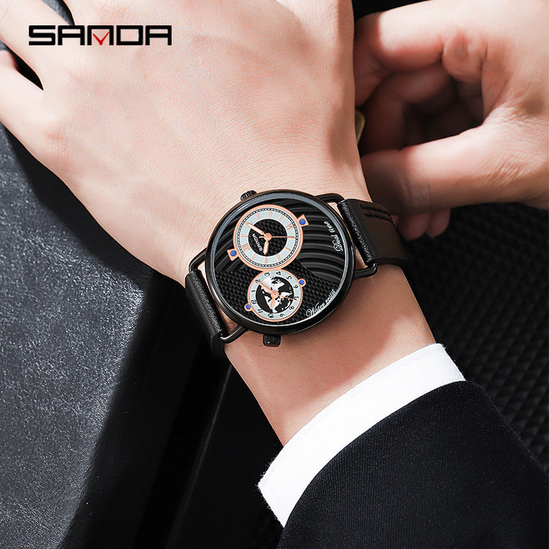 Sanda Fashion Belt Watch Creative Large Dial Dual Time Zone Quartz Men's Watch Casual Mesh Strap Men's Business Watch