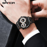 Sanda Fashion Belt Watch Creative Large Dial Dual Time Zone Quartz Men's Watch Casual Mesh Strap Men's Business Watch