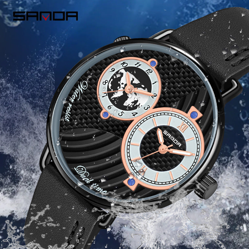 Sanda Fashion Belt Watch Creative Large Dial Dual Time Zone Quartz Men's Watch Casual Mesh Strap Men's Business Watch