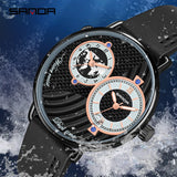 Sanda Fashion Belt Watch Creative Large Dial Dual Time Zone Quartz Men's Watch Casual Mesh Strap Men's Business Watch