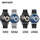 Sanda Fashion Belt Watch Creative Large Dial Dual Time Zone Quartz Men's Watch Casual Mesh Strap Men's Business Watch