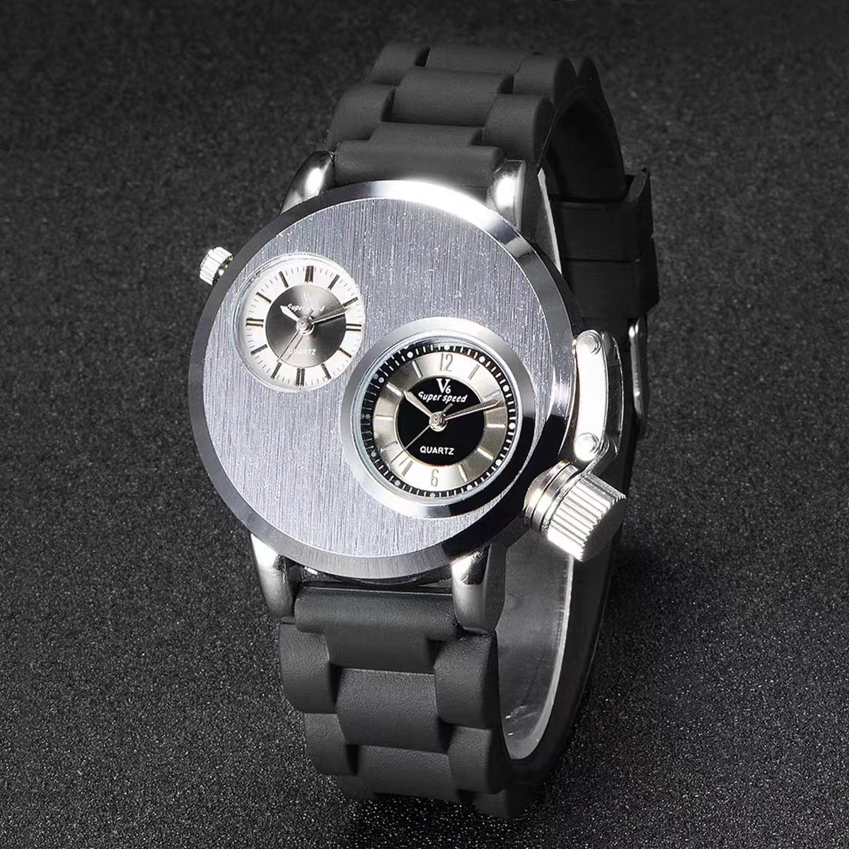 V6 Watch Foreign Trade New Large Double Movement Watch Men's Fashion Quartz Watch Alloy Silicone Student Watch