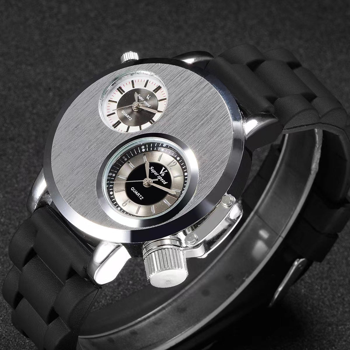 V6 Watch Foreign Trade New Large Double Movement Watch Men's Fashion Quartz Watch Alloy Silicone Student Watch