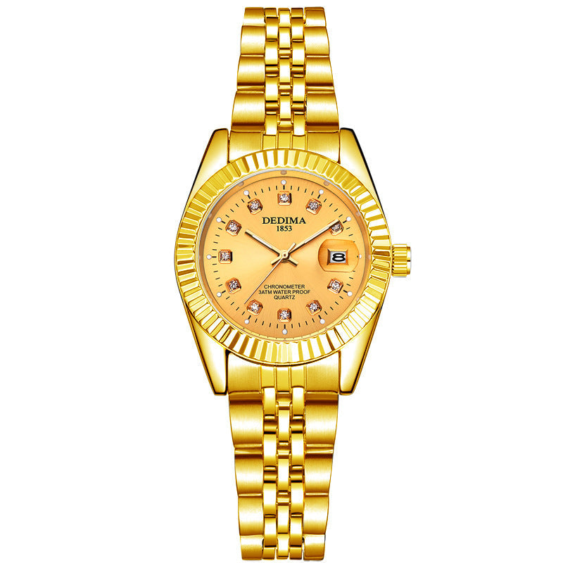 Fashion Couple Steel Band Watch Explosive Waterproof High-end Gold Watch Brand Men's Women's Student Calendar Room Gold Watch