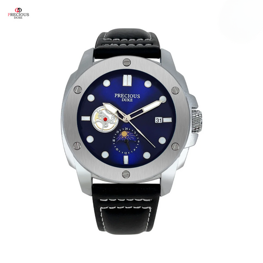 PRECIOUS DUKE Men's Moon Phase Quartz Watch – Leather Strap, Calendar