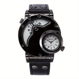 Unique Double Time Zone Men's Sports Quartz Watch with PU Leather Strap