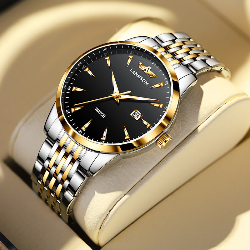 Langsuo Men's Watch Classic Simple Stainless Steel Quartz Men's Watch Waterproof Luminous Calendar Week Business Watch for Men