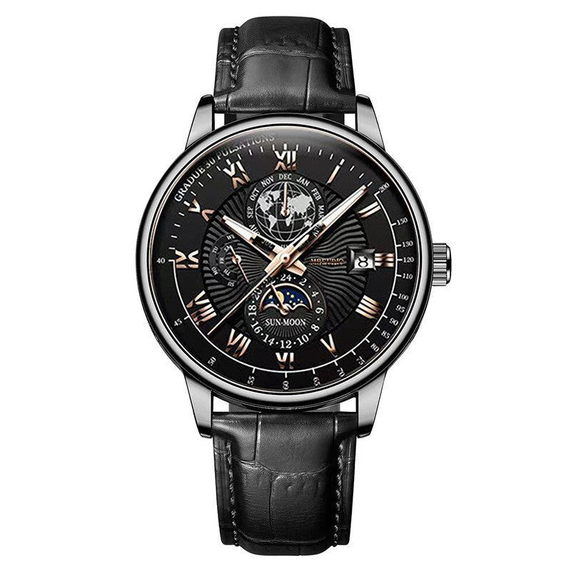 Foreign Trade New Products, Fashionable Hot-Selling Models, Calendar Three-Eye Starry Sky Moon Fashion Men's Watches, Men's Watch Belts Wholesale
