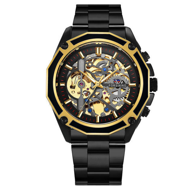 Forsining automatic mechanical watch steel band hollow luminous men's watch fashion mechanical wrist watch wholesale