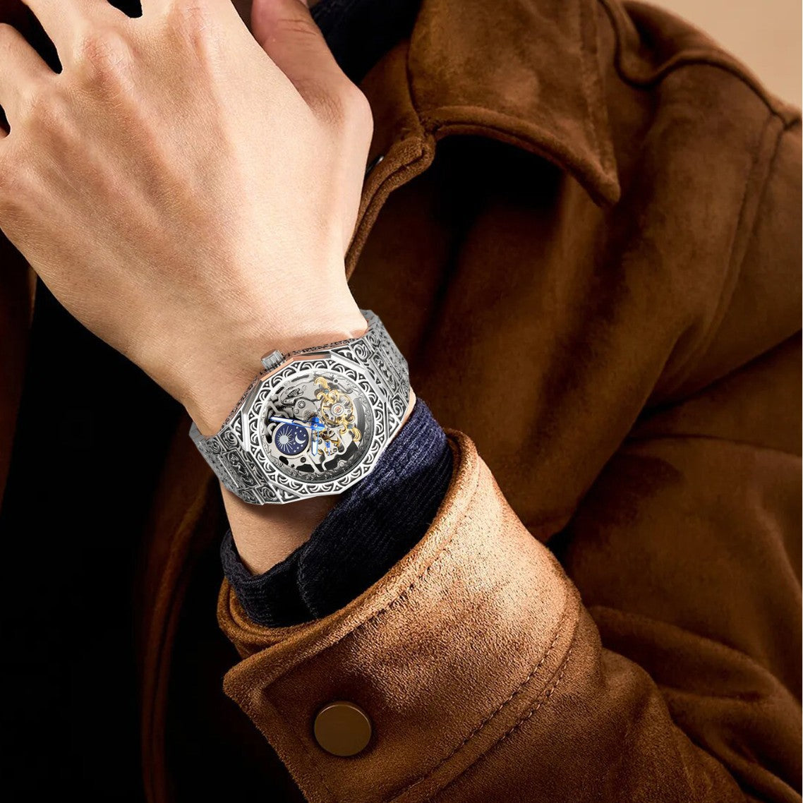 New Forsining Men's Automatic Mechanical Watch, Vintage Hollow Transparent Case, Men's Fashion Engraved Mechanical Watch