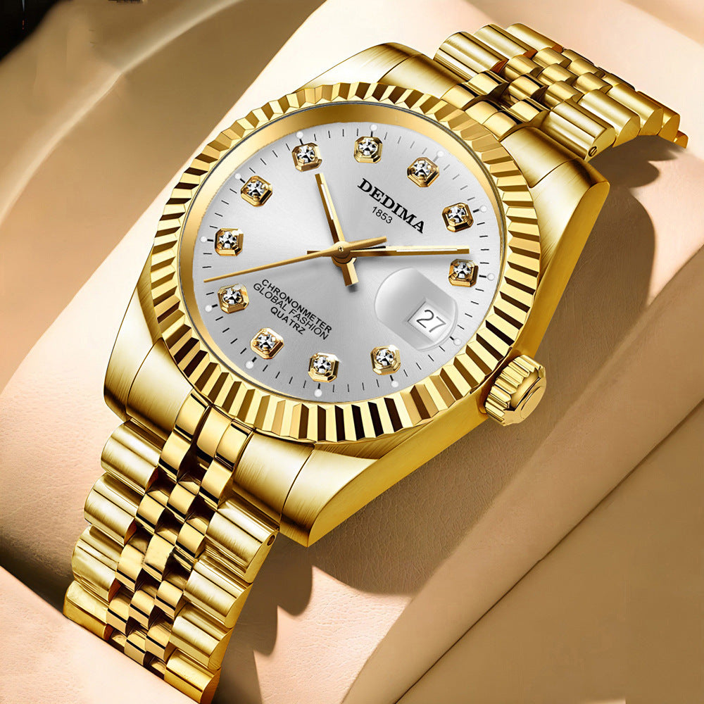 Fashion Couple Steel Band Watch Explosive Waterproof High-end Gold Watch Brand Men's Women's Student Calendar Room Gold Watch