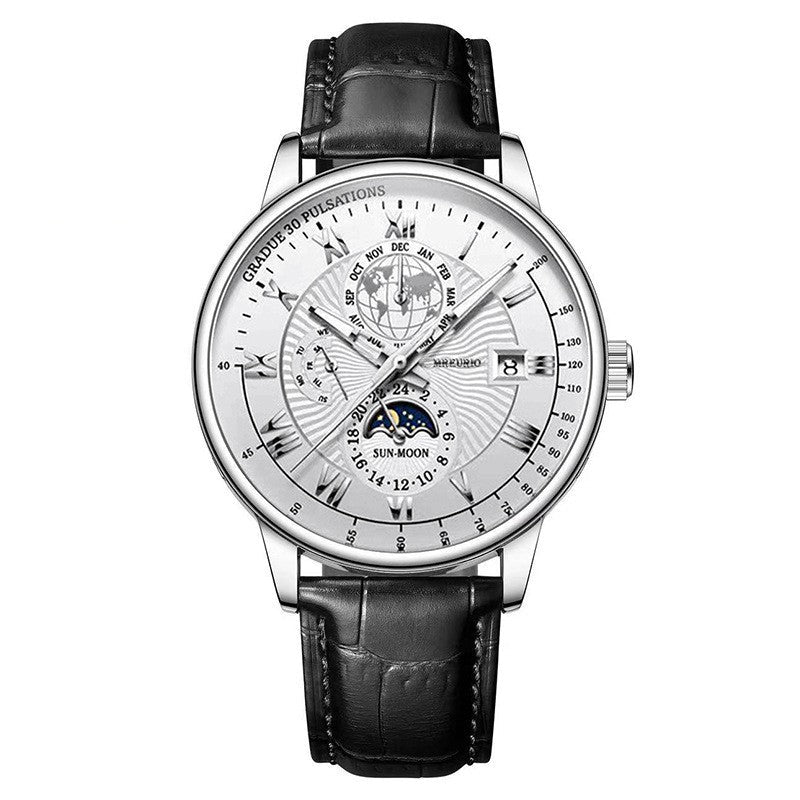 Foreign Trade New Products, Fashionable Hot-Selling Models, Calendar Three-Eye Starry Sky Moon Fashion Men's Watches, Men's Watch Belts Wholesale