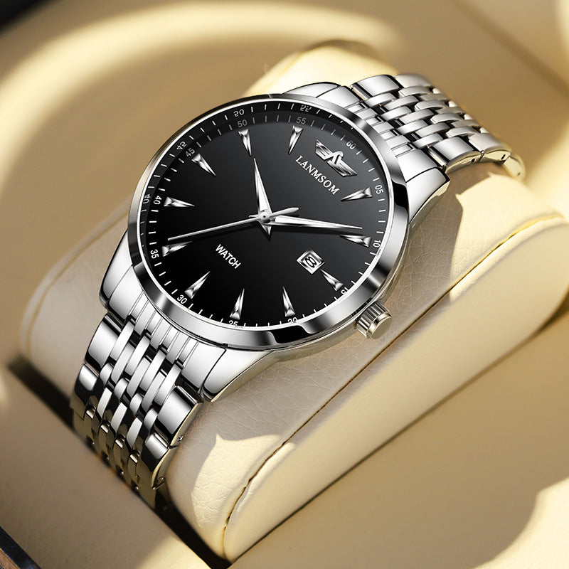 Langsuo Men's Watch Classic Simple Stainless Steel Quartz Men's Watch Waterproof Luminous Calendar Week Business Watch for Men