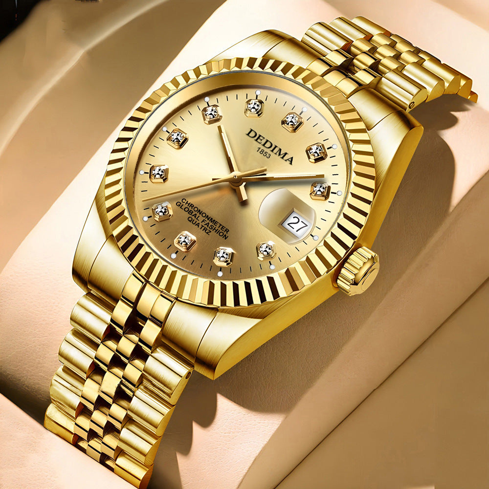 Fashion Couple Steel Band Watch Explosive Waterproof High-end Gold Watch Brand Men's Women's Student Calendar Room Gold Watch