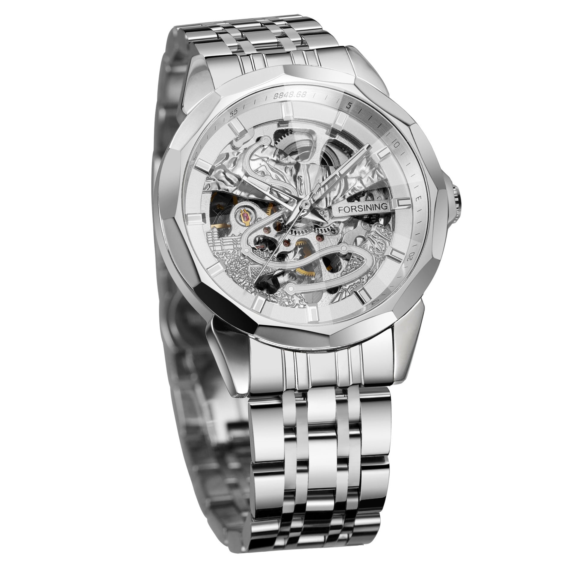 New Forsining European and American Hot-Selling Men's Fashion Rhombus Glass Solid Steel Belt Butterfly Buckle Mechanical Watch