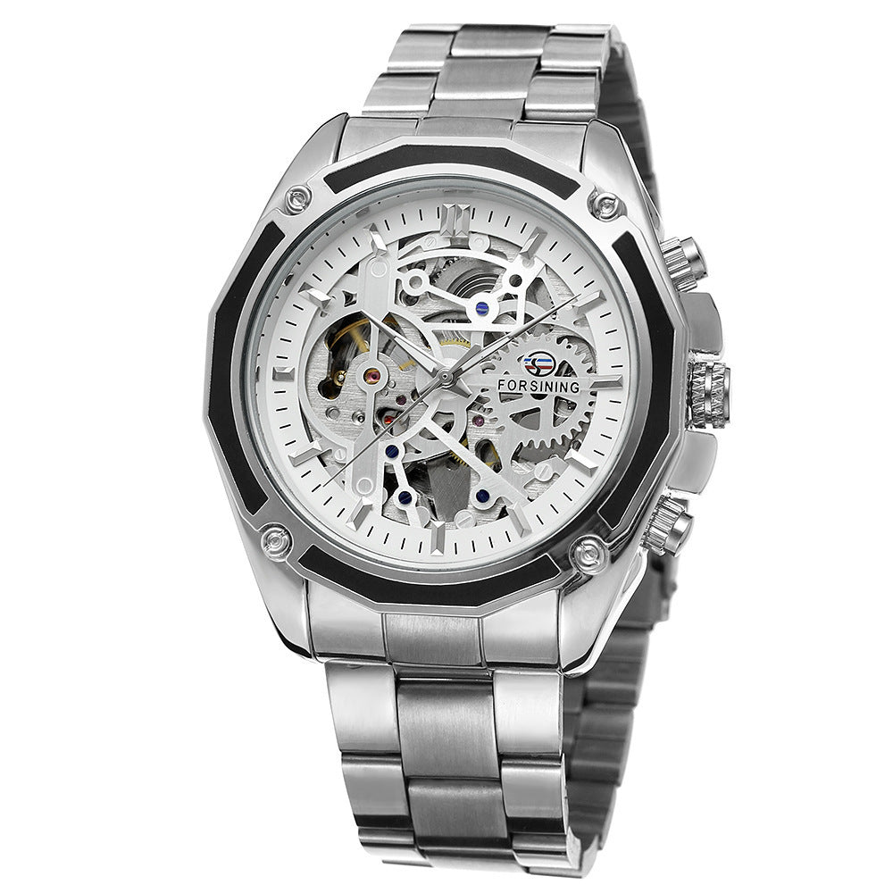 Forsining automatic mechanical watch steel band hollow luminous men's watch fashion mechanical wrist watch wholesale