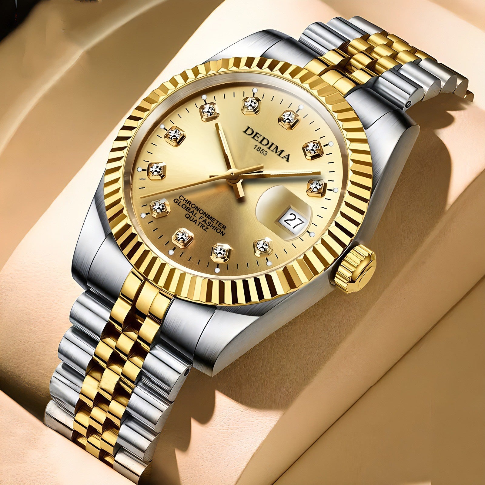 Fashion Couple Steel Band Watch Explosive Waterproof High-end Gold Watch Brand Men's Women's Student Calendar Room Gold Watch