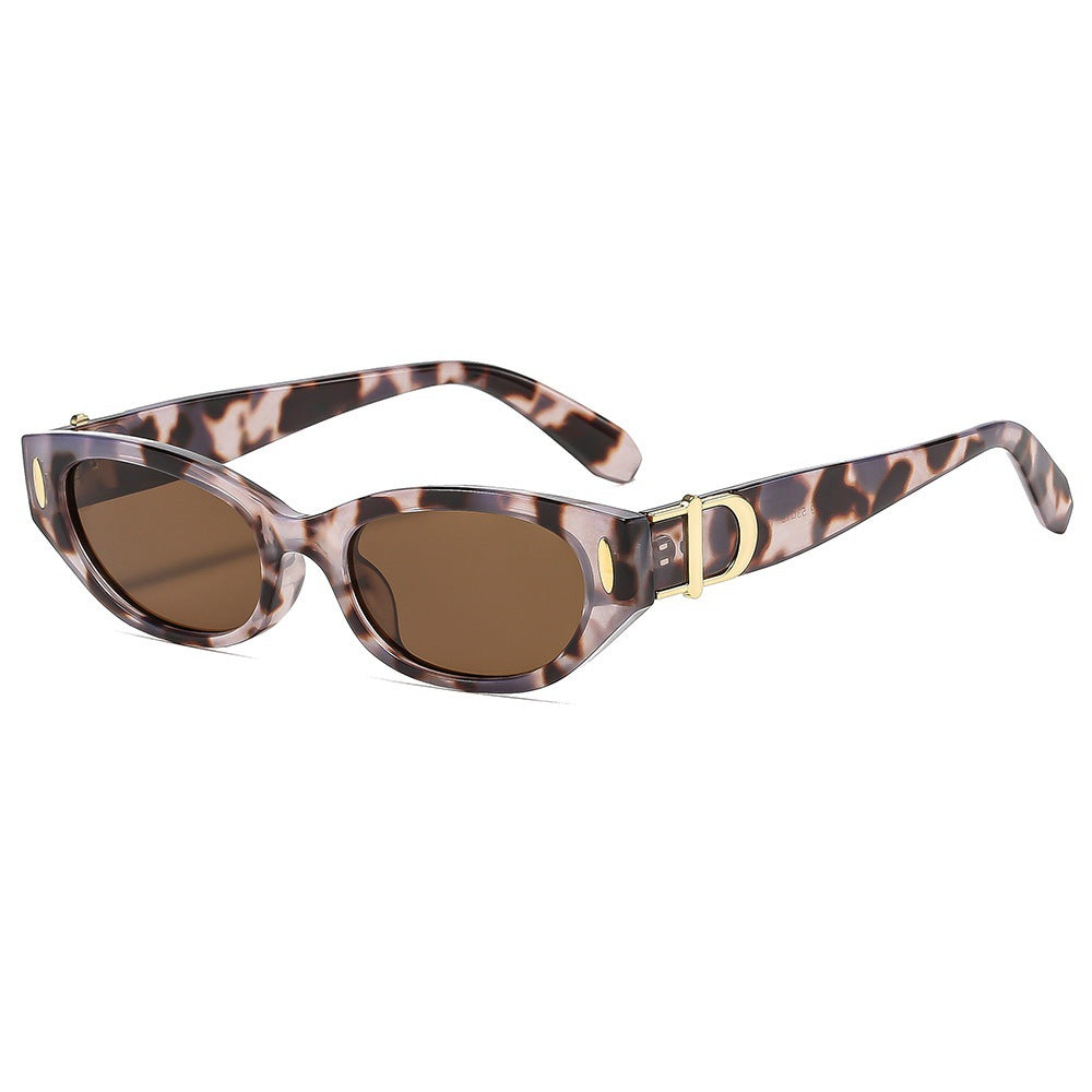 New Cross-Border French Retro Style Narrow-Frame Cat-Eye Sunglasses with Metal Letter Decoration and Rivet Details, Niche Design Sunglasses