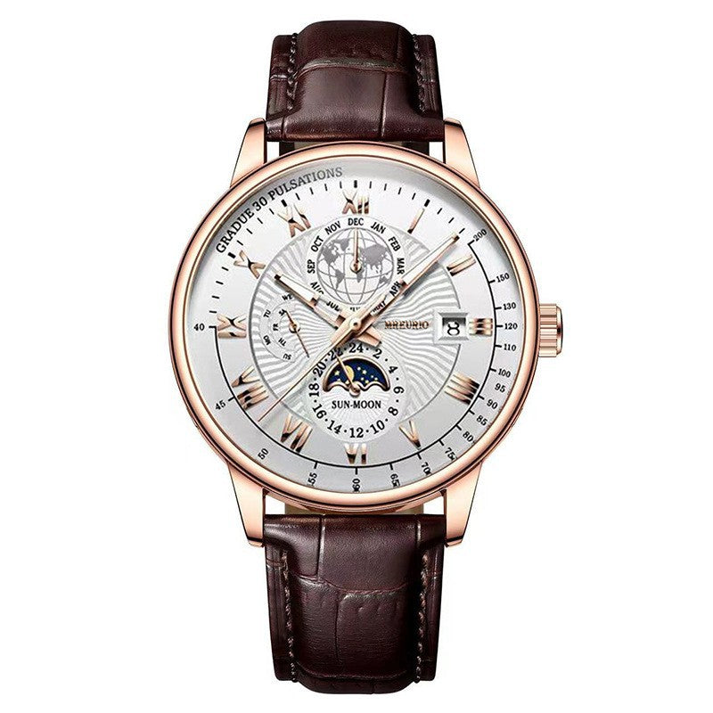 Foreign Trade New Products, Fashionable Hot-Selling Models, Calendar Three-Eye Starry Sky Moon Fashion Men's Watches, Men's Watch Belts Wholesale