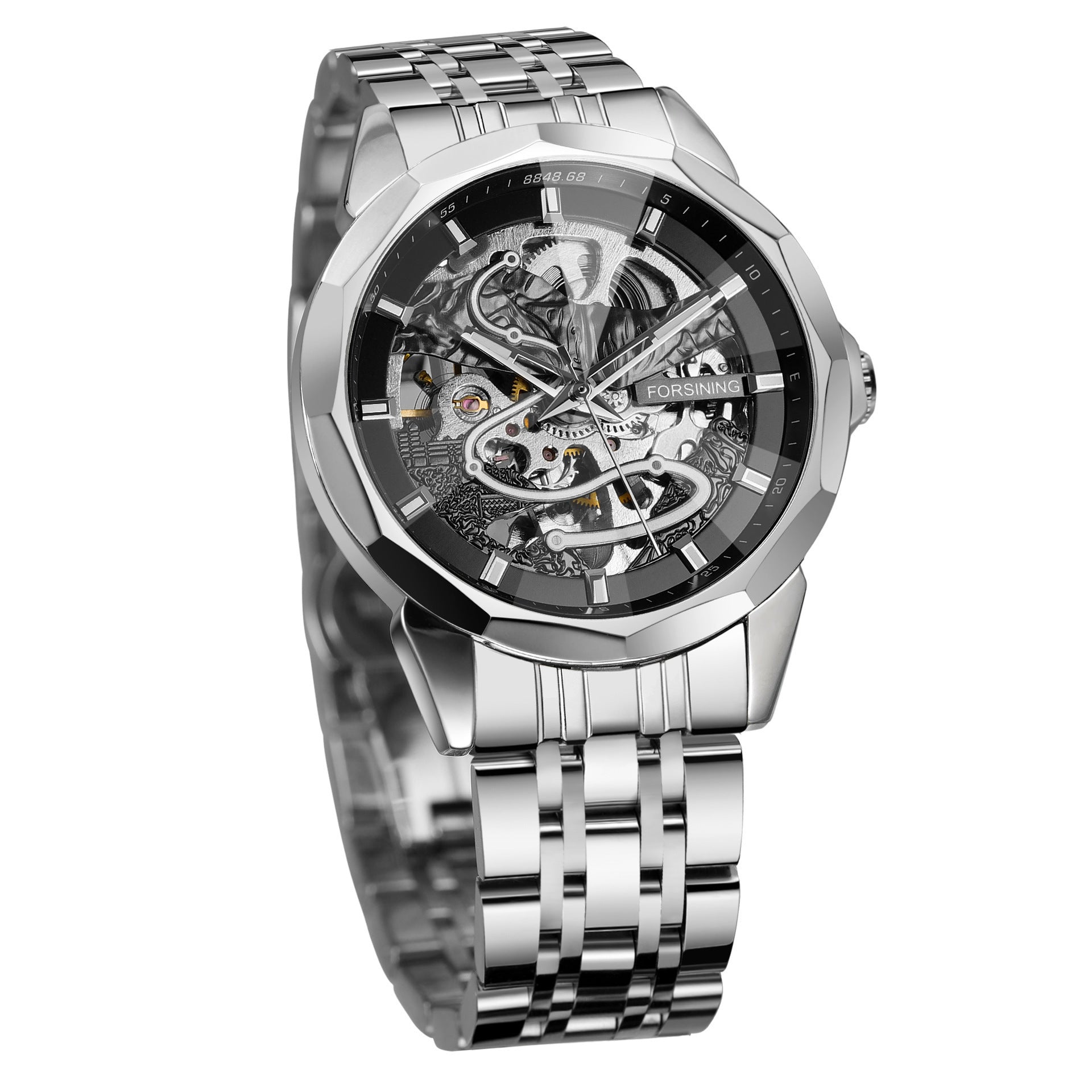 New Forsining European and American Hot-Selling Men's Fashion Rhombus Glass Solid Steel Belt Butterfly Buckle Mechanical Watch