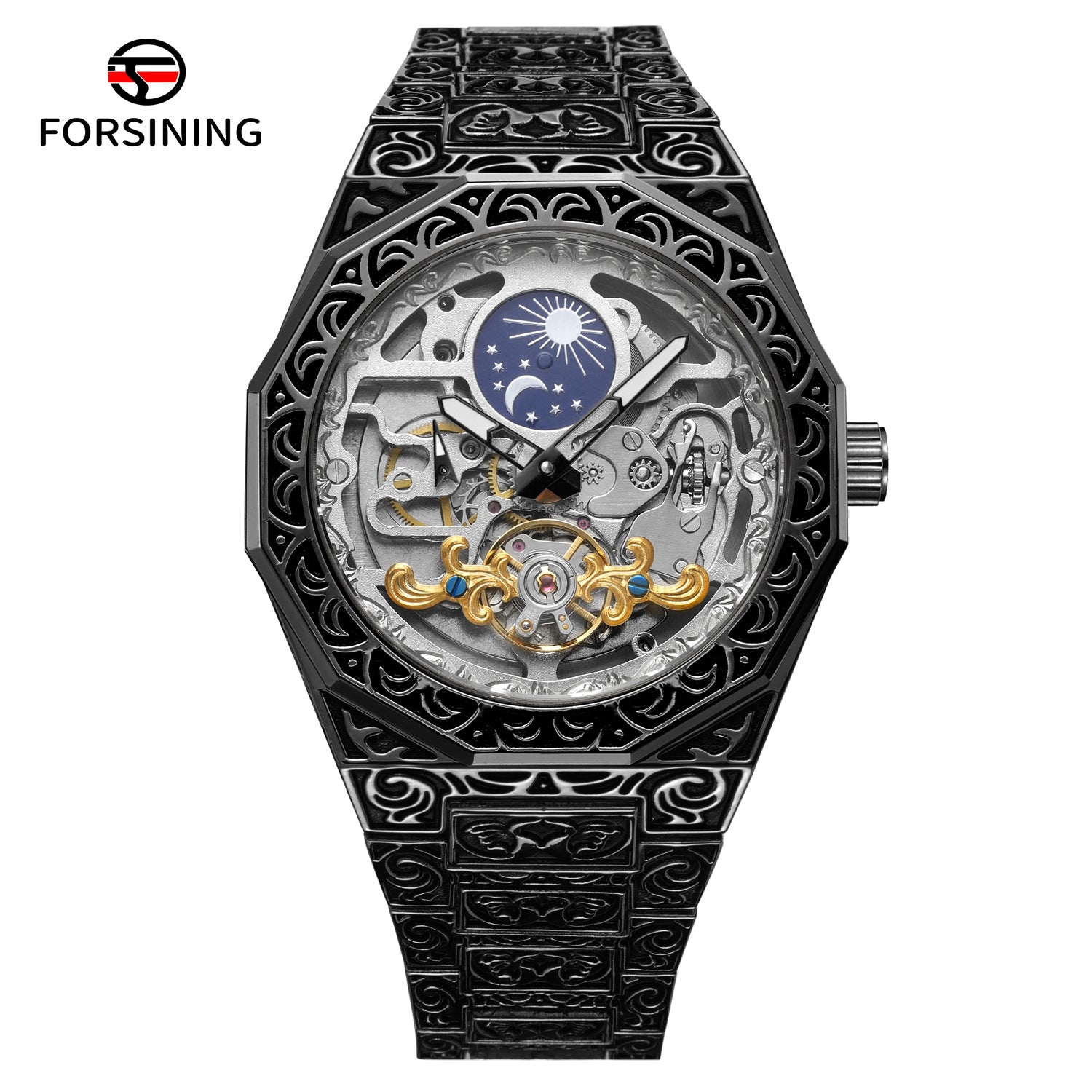 New Forsining Men's Automatic Mechanical Watch, Vintage Hollow Transparent Case, Men's Fashion Engraved Mechanical Watch
