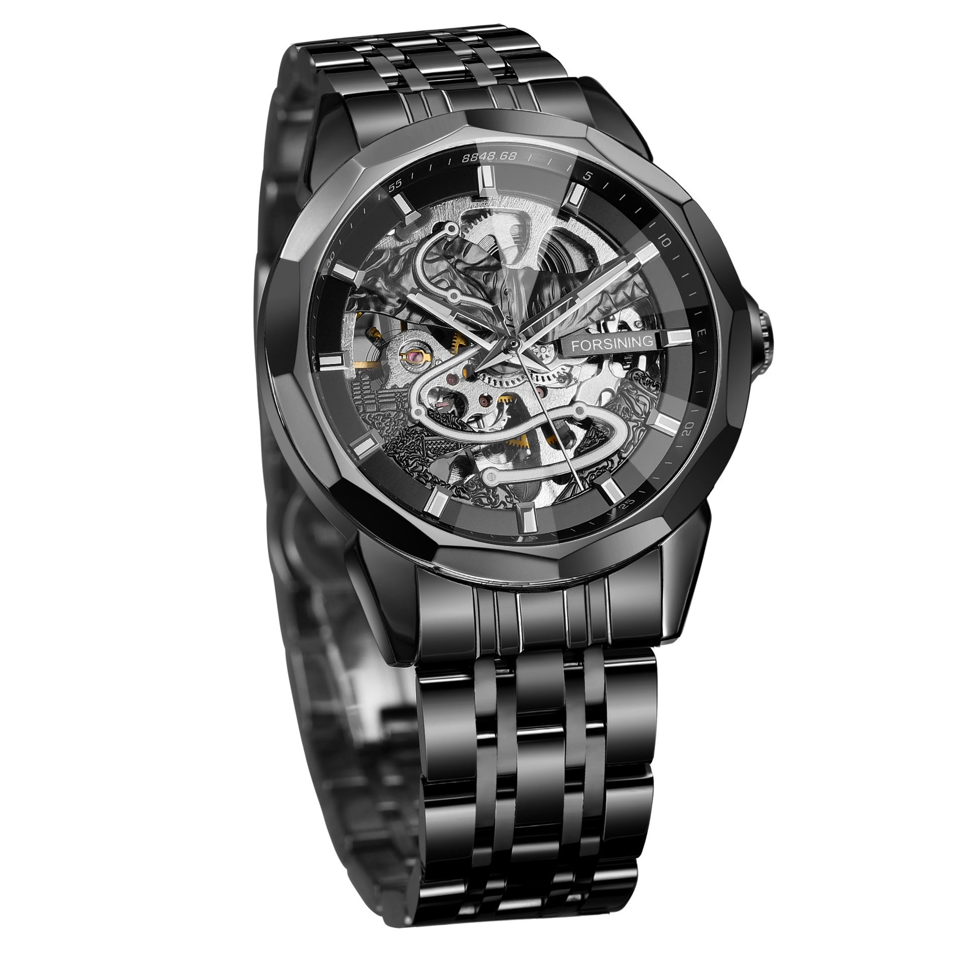 New Forsining European and American Hot-Selling Men's Fashion Rhombus Glass Solid Steel Belt Butterfly Buckle Mechanical Watch