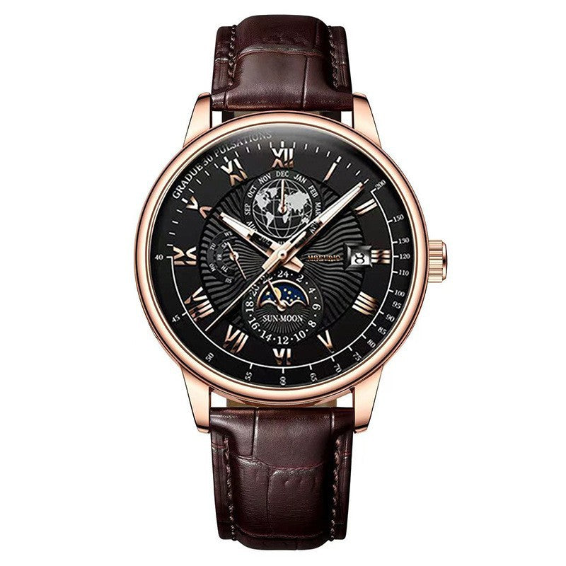 Foreign Trade New Products, Fashionable Hot-Selling Models, Calendar Three-Eye Starry Sky Moon Fashion Men's Watches, Men's Watch Belts Wholesale