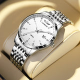 Langsuo Men's Watch Classic Simple Stainless Steel Quartz Men's Watch Waterproof Luminous Calendar Week Business Watch for Men