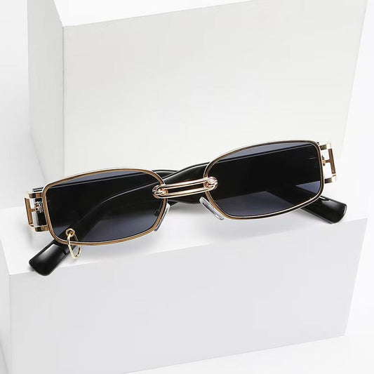 Retro Modern Sunglasses, Anti-Uv Sunglasses, Metal Small Frame Glasses for Men and Women, Avant-Garde Hanging Ring Chain, High-End